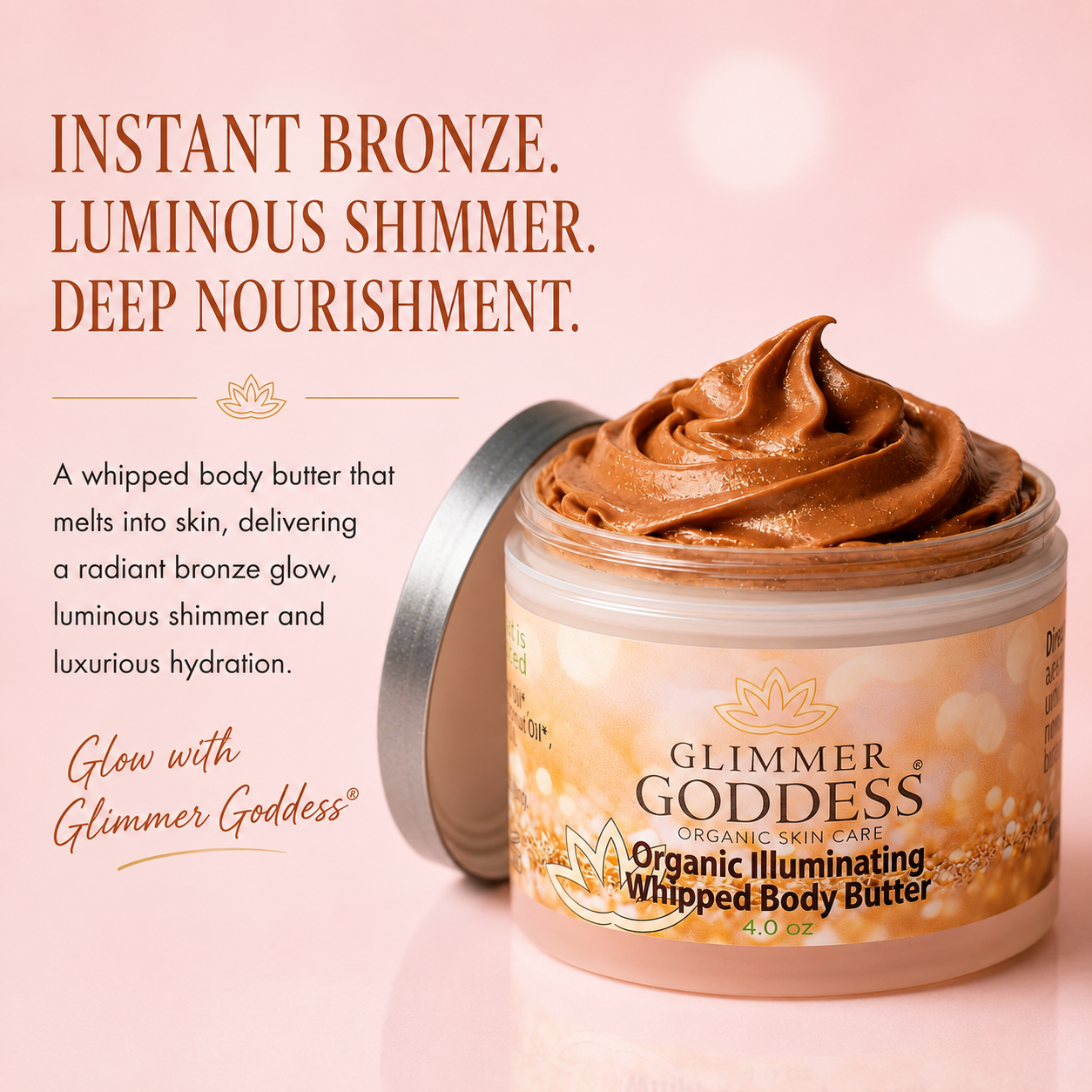 Organic Whipped Bronzing Body Butter – Shimmering Body Moisturizer with Instant Bronze Glow