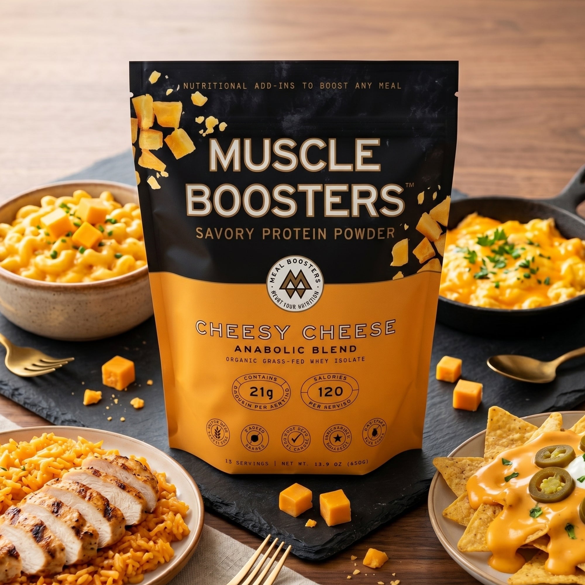 Meal Boosters Cheesy Cheese Muscle Boosters protein powder container with a scoop, showcasing the anabolic blend for muscle building.