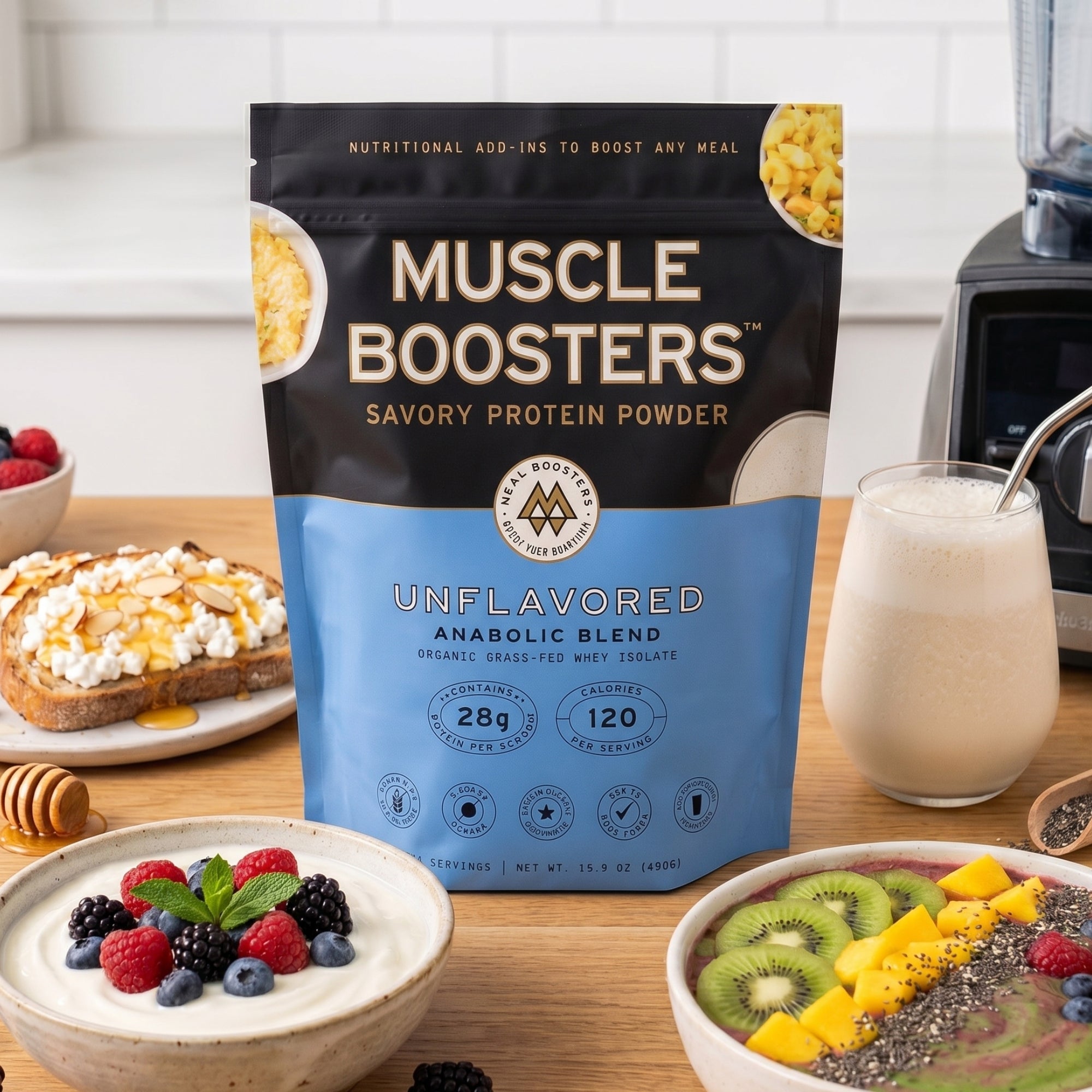 Unflavored Muscle Boosters Anabolic Blend protein powder in a container, designed for muscle growth and recovery.