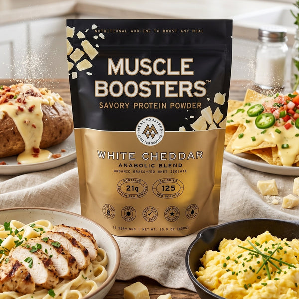Meal Boosters Muscle Boosters White Cheddar protein powder tub with label showing anabolic blend, white powder inside, and scoop.