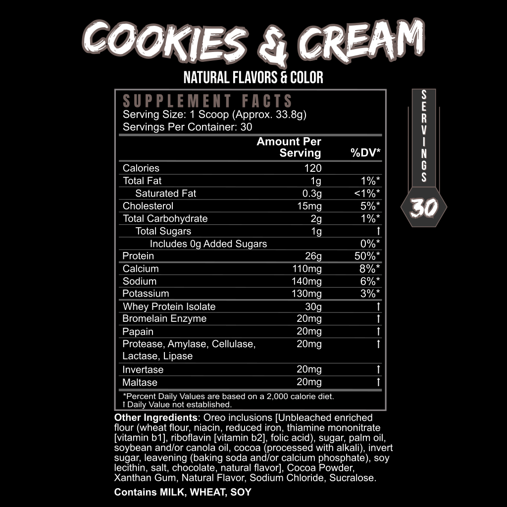 BlackLabel Supplements Post Hustle cookies and cream supplement facts label showing ingredients and nutritional information.