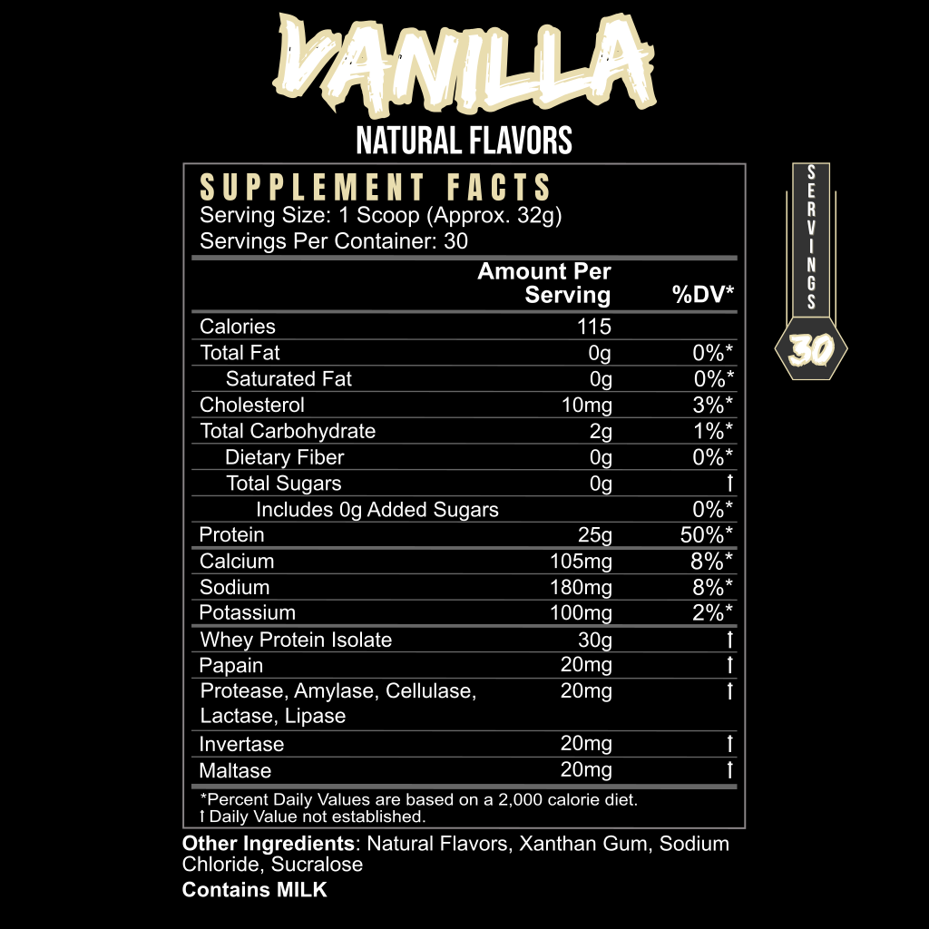 BlackLabel Supplements Post Hustle vanilla supplement facts label showing ingredients and nutritional information.