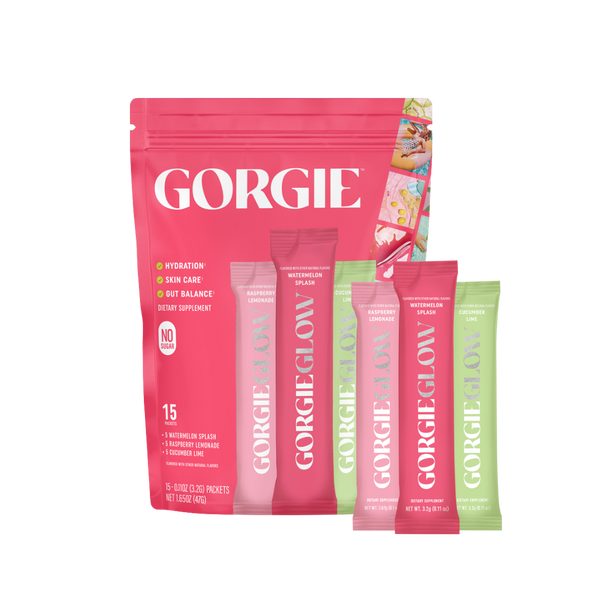 GORGIE Glow Variety Pack sales POS display with colorful product packaging and promotional branding for GORGIE skincare products.