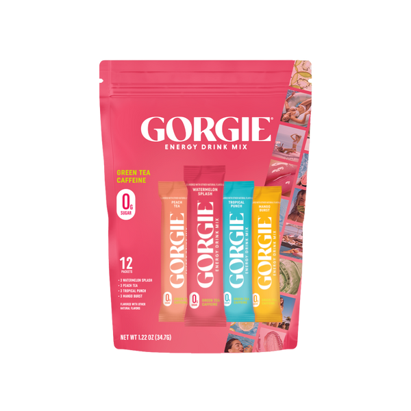 GORGIE Energy Drink Mix Bestsellers Variety Pack box with multiple colorful drink sachets inside.