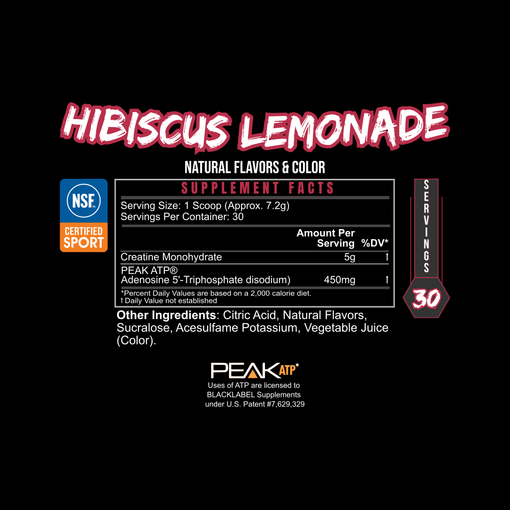 BlackLabel Supplements PURE POWER hibiscus lemonade vitamin supplement facts label with NSF Certified for Sport.