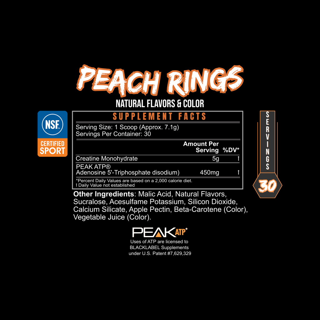 BlackLabel Supplements PURE POWER Peach Rings vitamins and supplements supplement facts label, NSF Certified for Sport