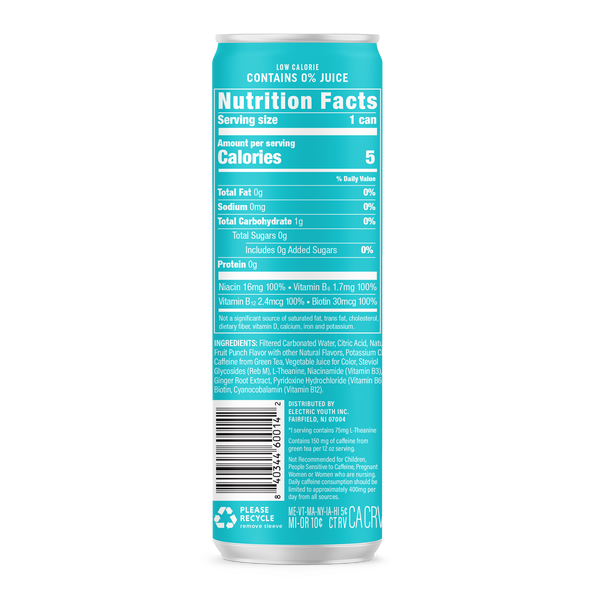 GORGIE sparkling tropical punch energy drink in a colorful can with tropical fruit illustrations