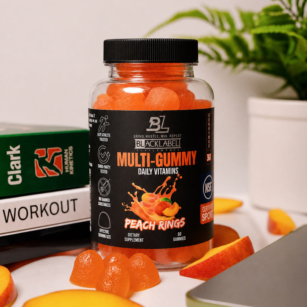 Assorted BLACKLABEL Supplements Multi Gummy vitamins in colorful gummy shapes and flavors, showcasing a variety of nutritional gummies.