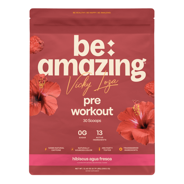 Be Amazing Pre-Workout supplement container with label, showing the pre-workout powder and branding on the packaging.