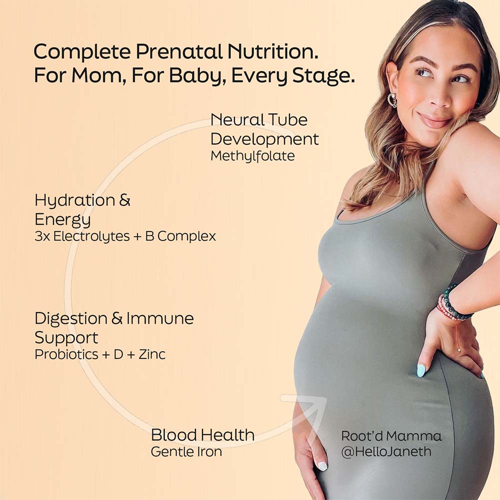 Root'd Essential Prenatal Nutrition and Electrolytes supplement with orange background, showing capsules and benefits for pregnancy health.