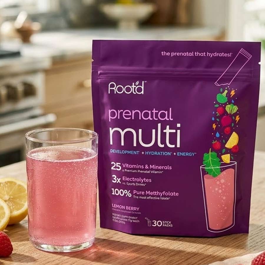 Root'd Essential Prenatal Nutrition and Electrolytes supplement featuring a bottle of prenatal vitamins with fresh fruits around.