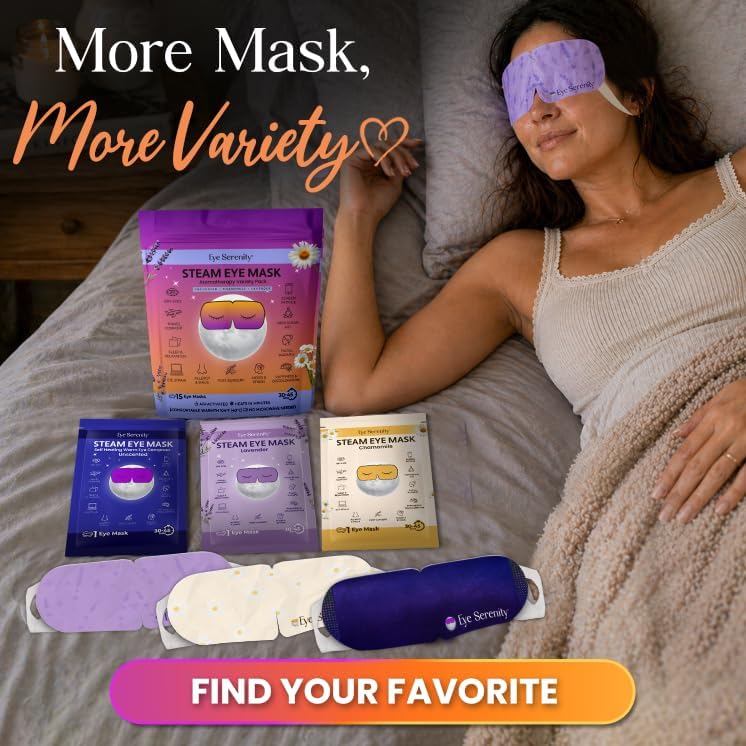 Lure Essentials Eye Serenity Steam Eye Mask variety pack for eye care and relaxation, showing multiple masks in the product image.
