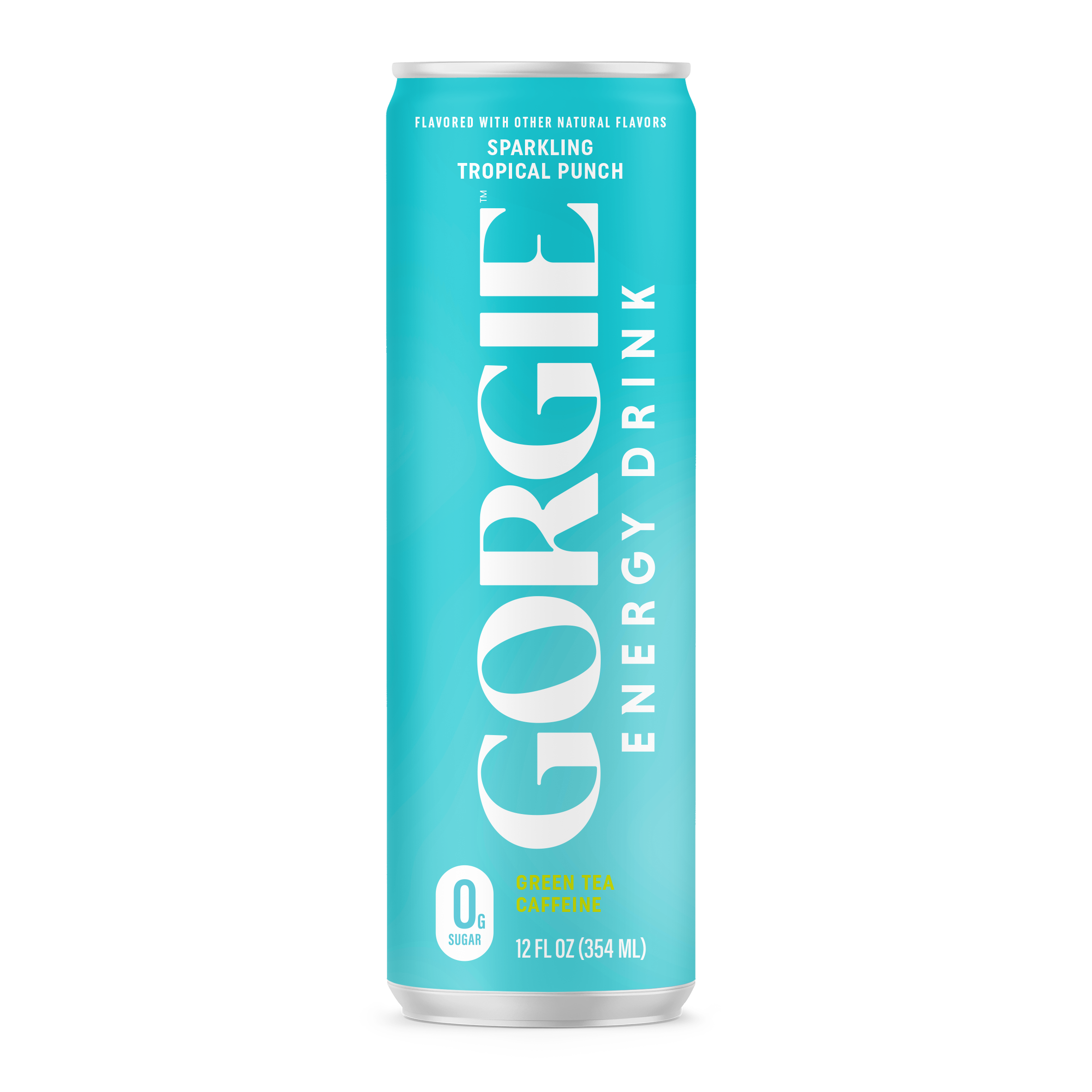 GORGIE sparkling tropical punch energy drink can with vibrant tropical fruit design on the label.