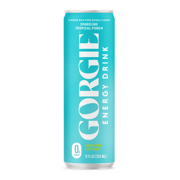GORGIE sparkling tropical punch energy drink can with vibrant tropical fruit design on the label.