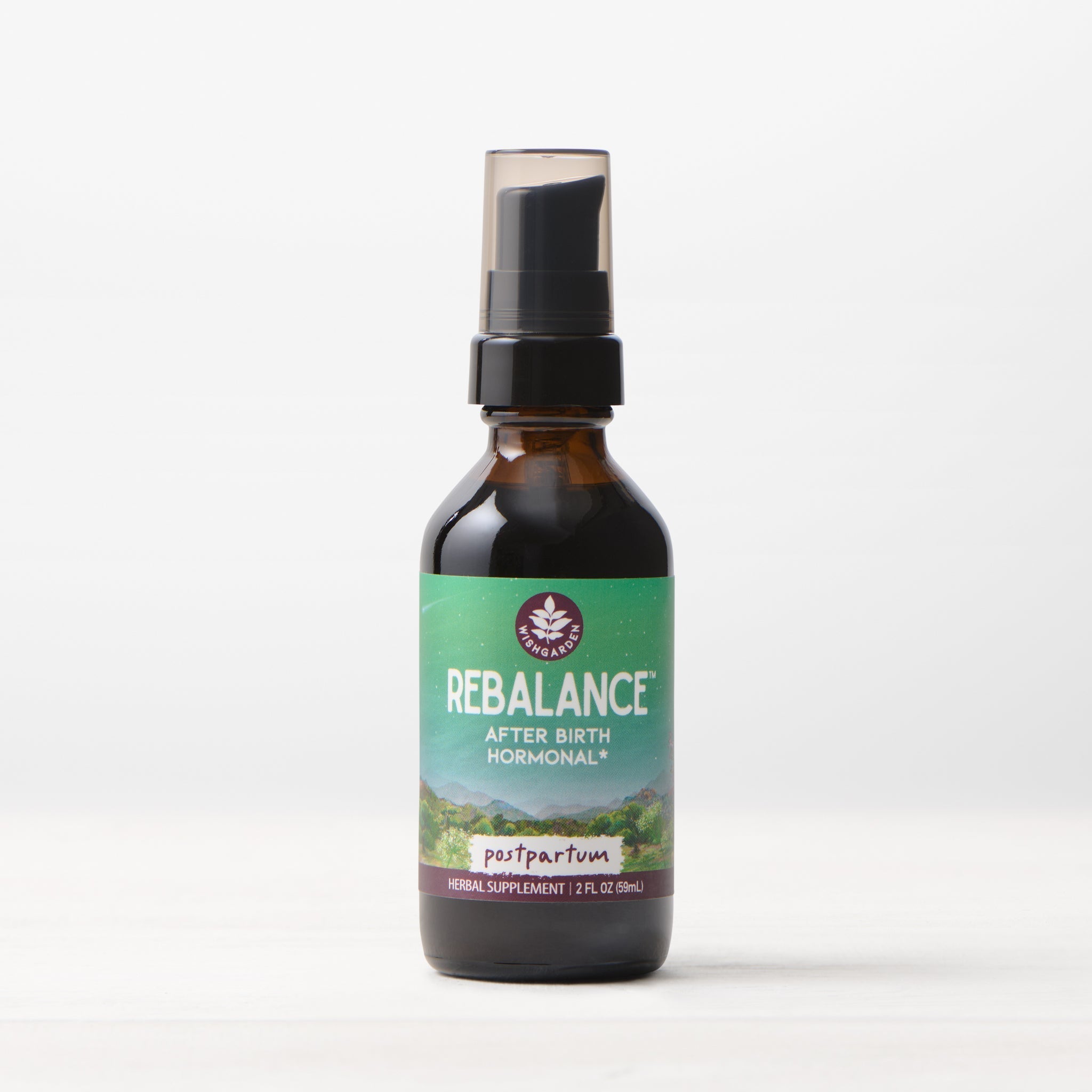 Postpartum ReBalance herbal supplement by WishGarden Herbs, featuring natural ingredients for hormonal support after birth.