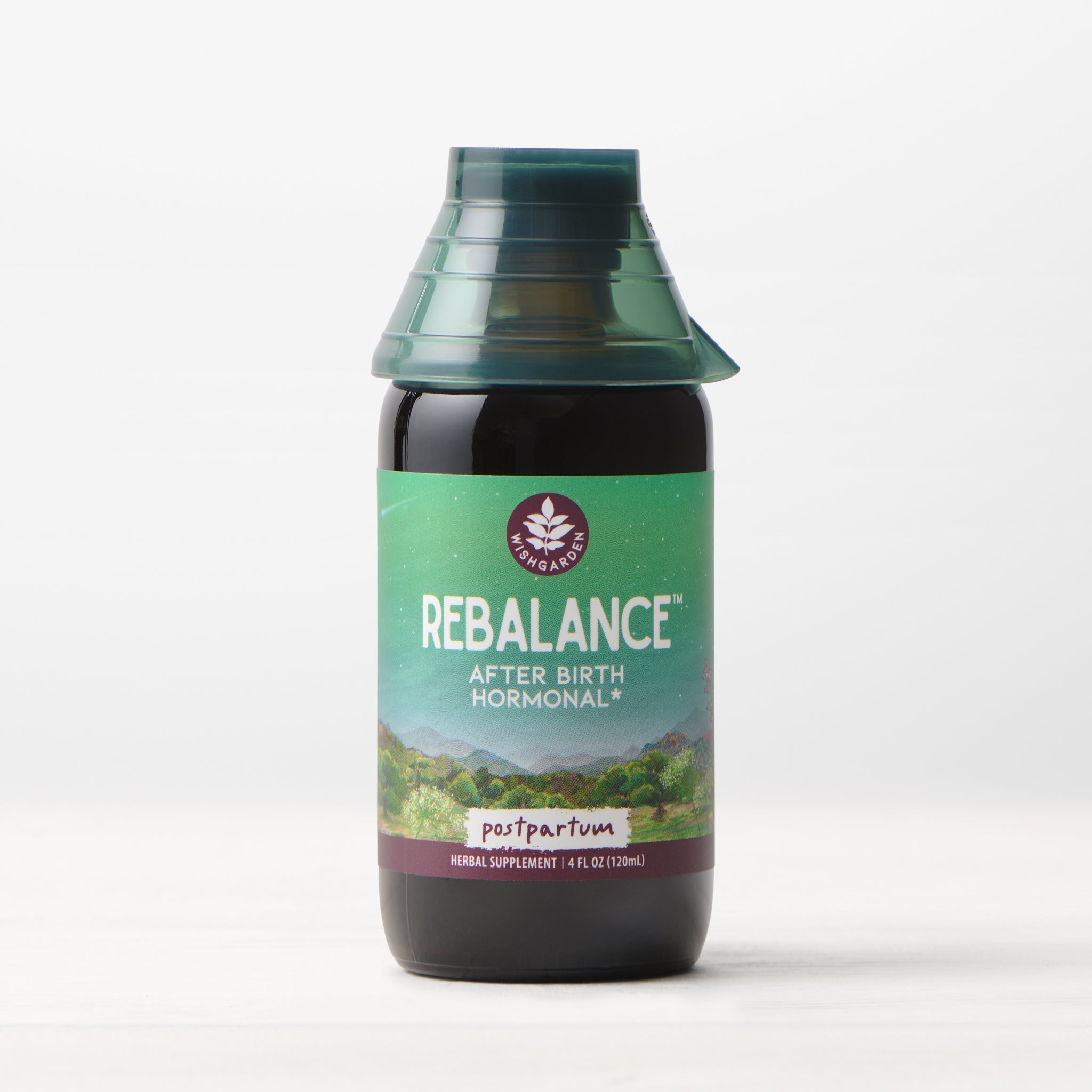 WishGarden Herbs ReBalance postpartum herbal supplement for hormonal support, shown in a bottle with natural ingredients.
