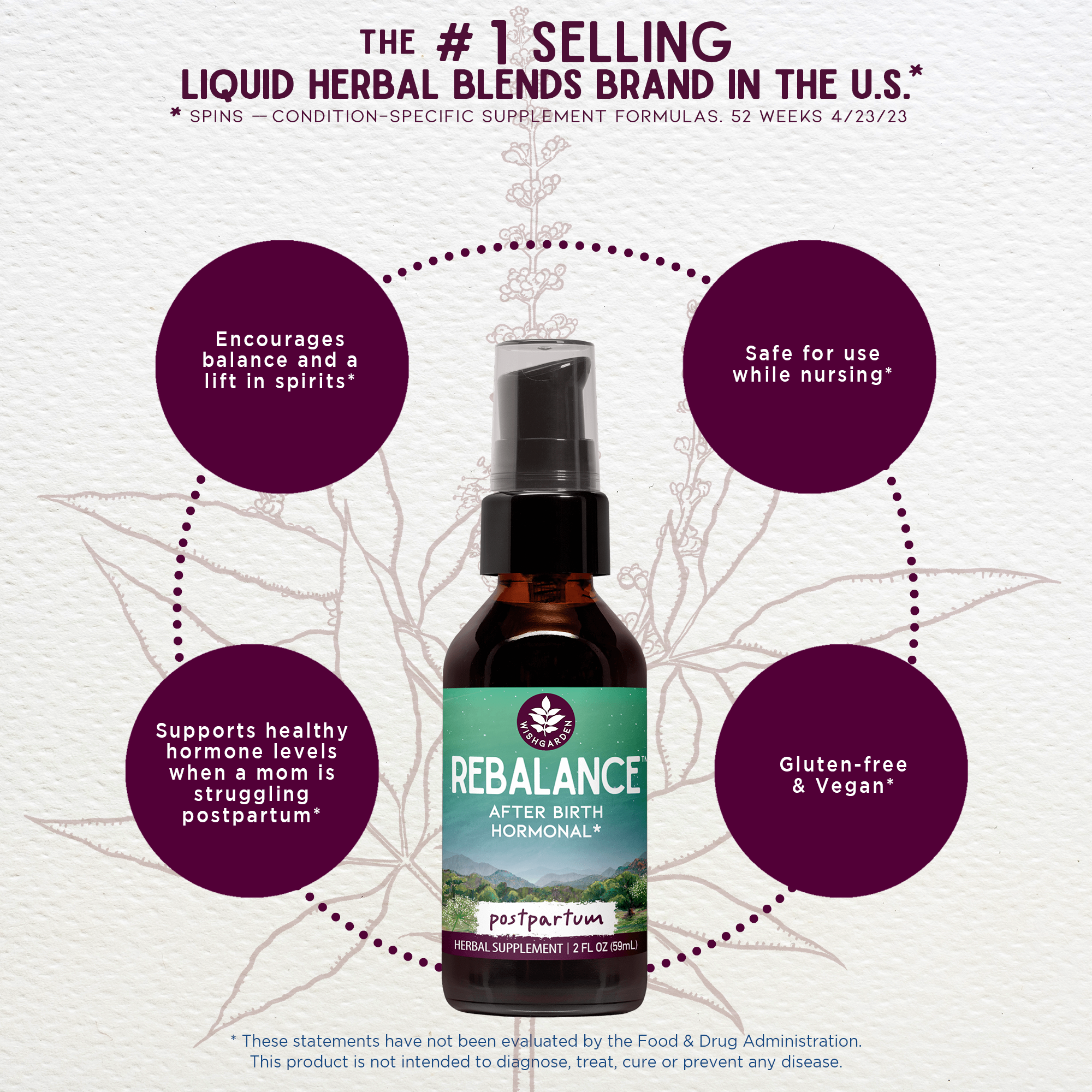 Postpartum ReBalance hormonal supplement by WishGarden Herbs, featuring herbal ingredients for post-birth recovery and hormone support.