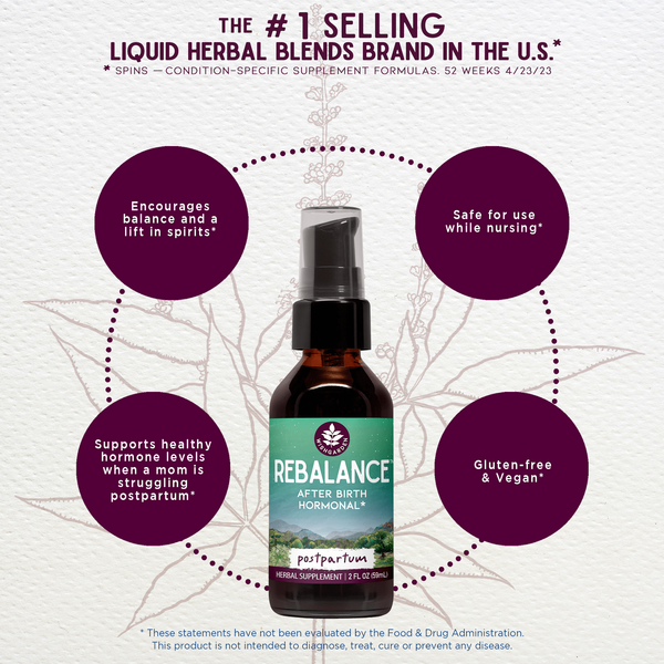 Postpartum ReBalance hormonal supplement by WishGarden Herbs, featuring herbal ingredients for post-birth recovery and hormone support.