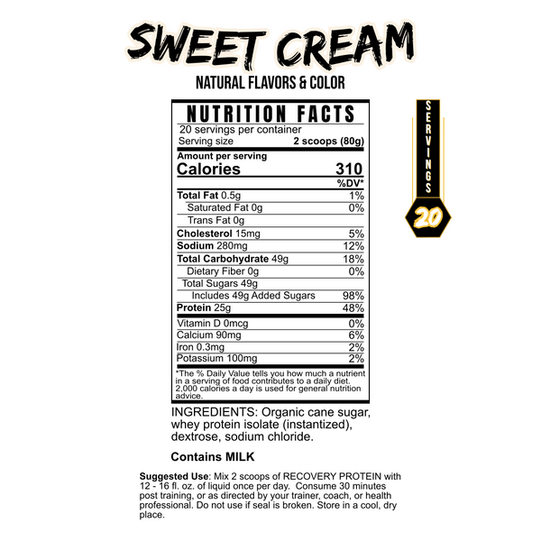 BlackLabel Supplements Recovery Protein in sweet cream flavor, showing nutrition facts and protein powder packaging.