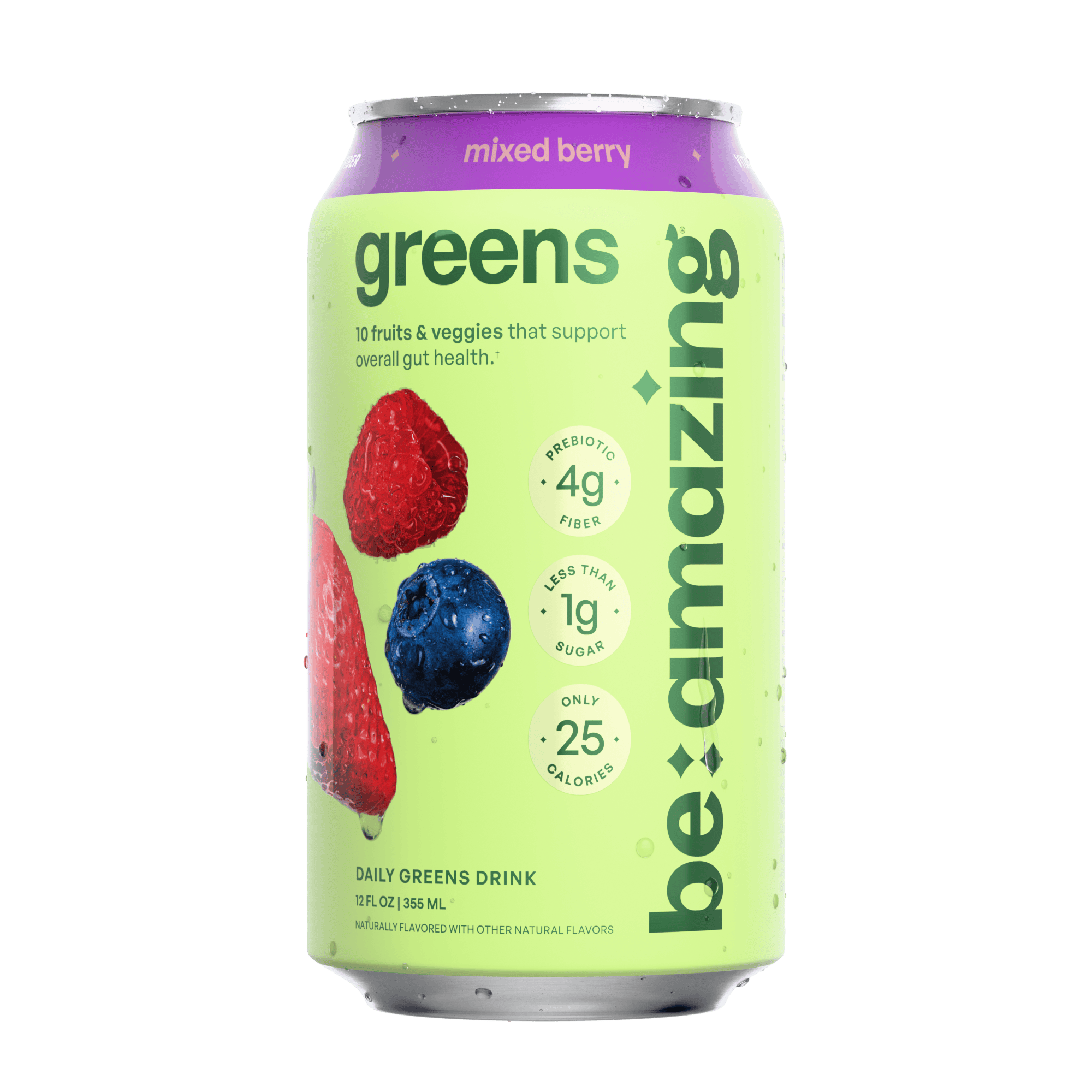Be Amazing Daily Greens Drink in Mixed Berry flavor, ready-to-drink beverage with fresh berry ingredients and vibrant color.
