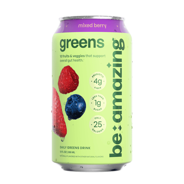 Be Amazing Daily Greens Drink in Mixed Berry flavor, ready-to-drink beverage with fresh berry ingredients and vibrant color.