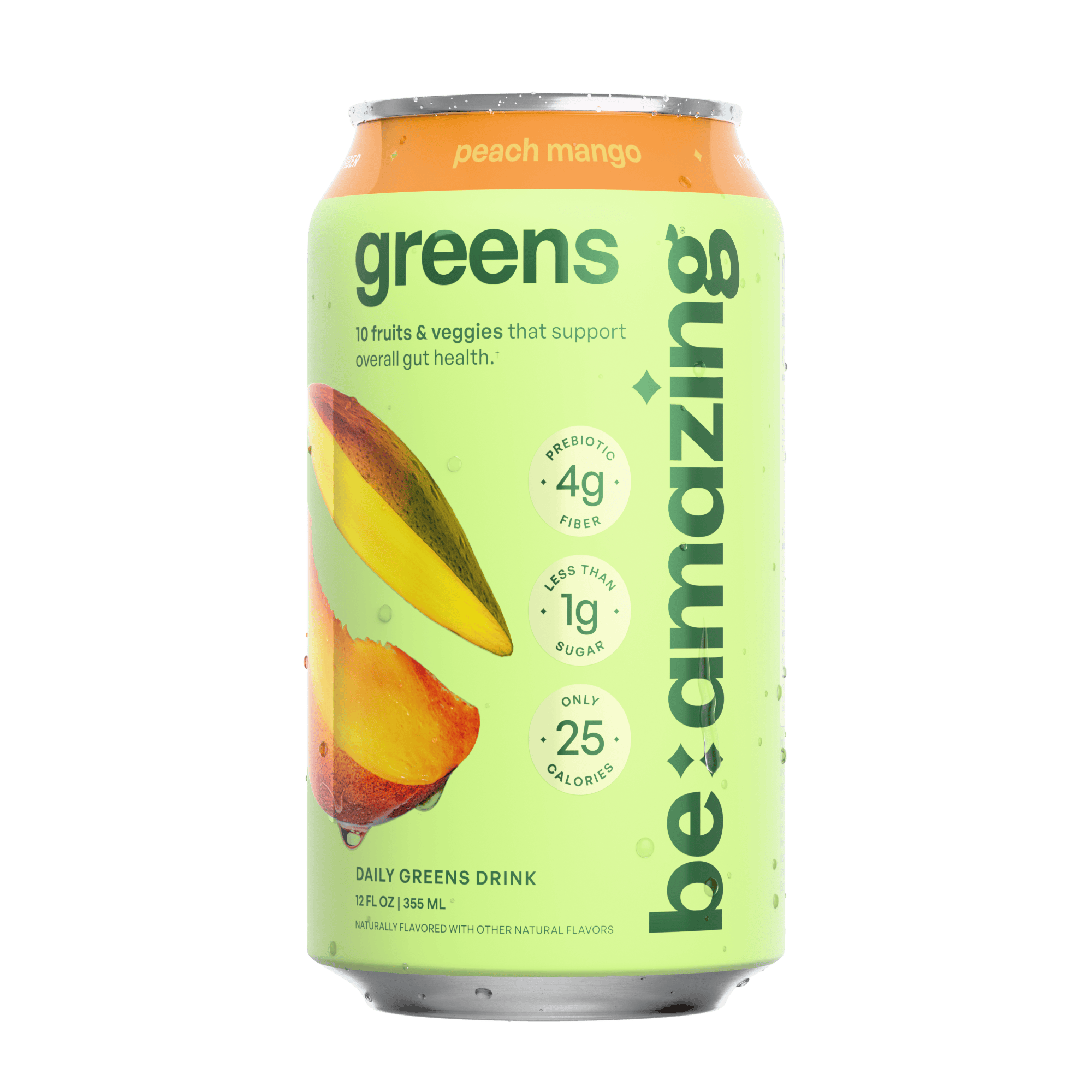 Be Amazing Daily Greens Peach Mango RTD drink in a clear bottle with a vibrant label featuring peach and mango images.