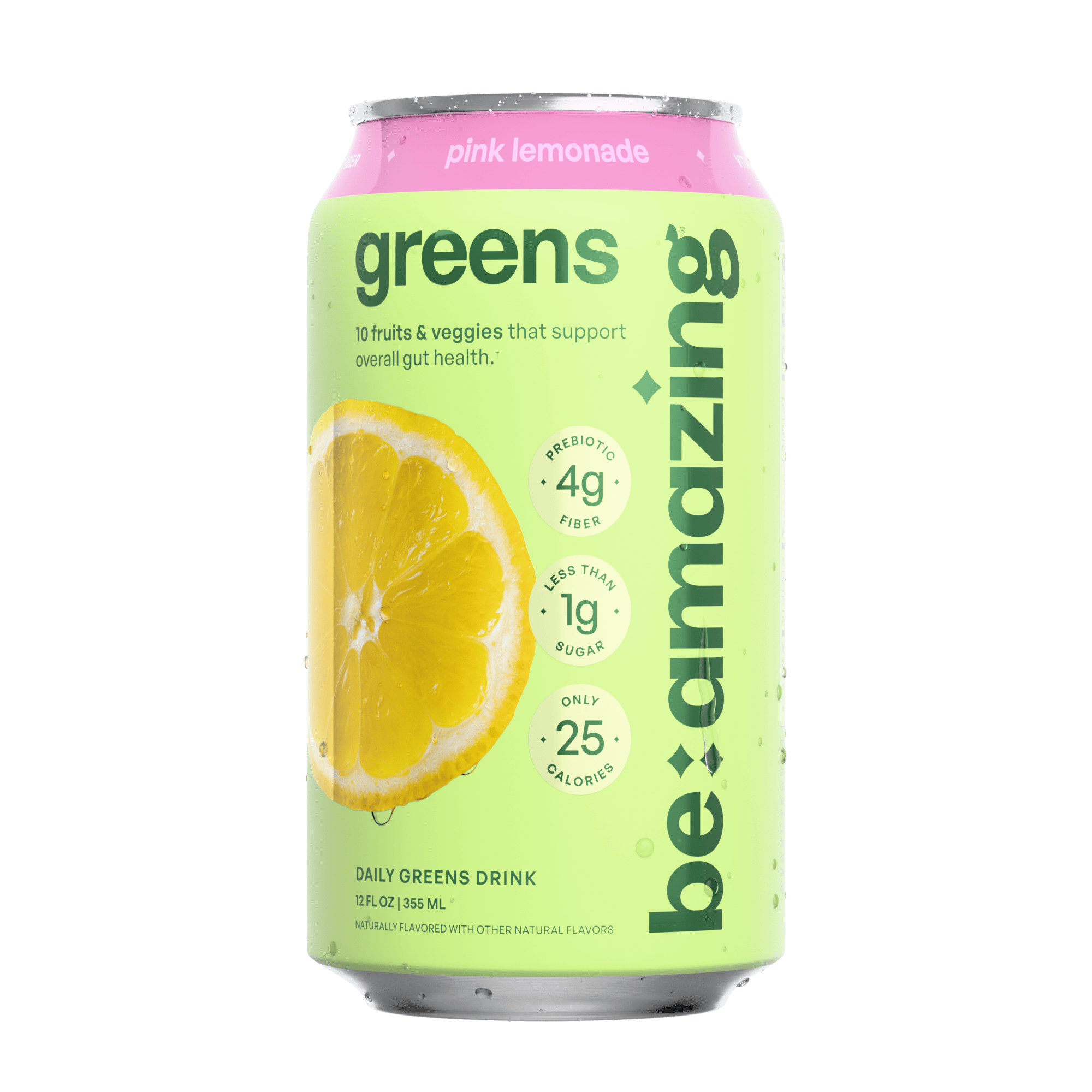 Be Amazing Daily Greens Drink in pink lemonade flavor, ready-to-drink beverage in a clear bottle with vibrant pink liquid.
