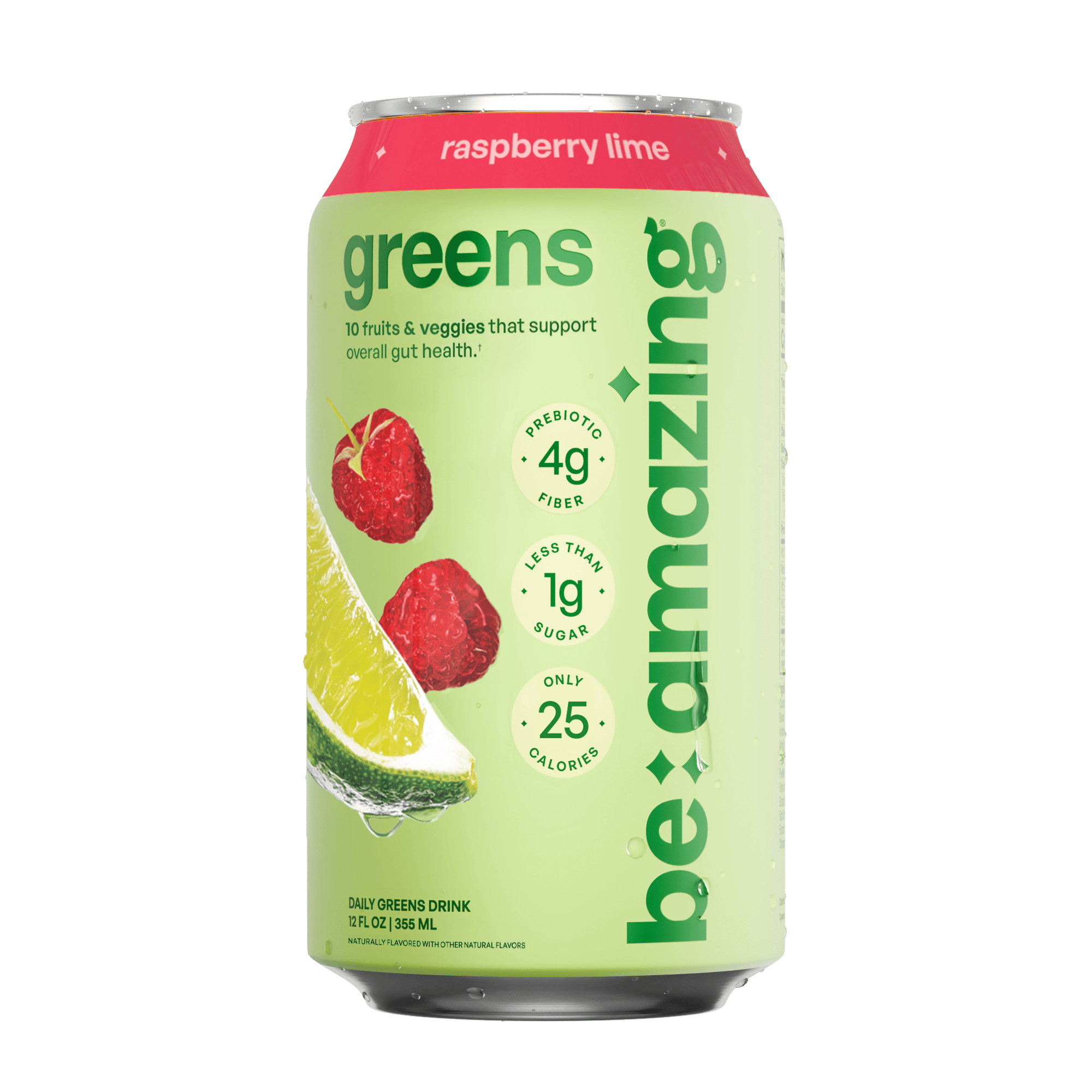 Be Amazing Raspberry Lime Daily Greens Drink in a clear RTD bottle with vibrant raspberry and lime flavors.