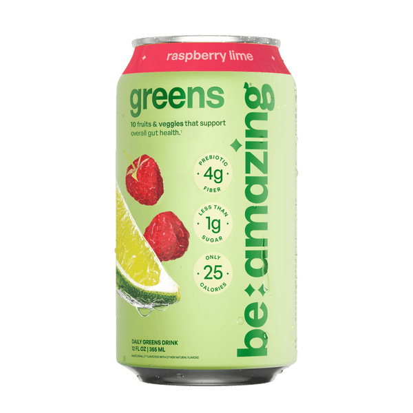 Be Amazing Raspberry Lime Daily Greens Drink in a clear RTD bottle with vibrant raspberry and lime flavors.