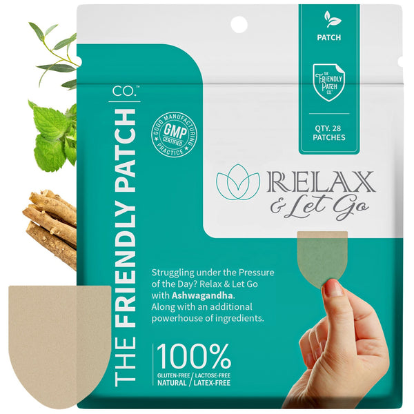 Relax & Let Go Zen stress patches with Ashwagandha, L-Theanine, and GABA, shown on skin in wearable patch form.