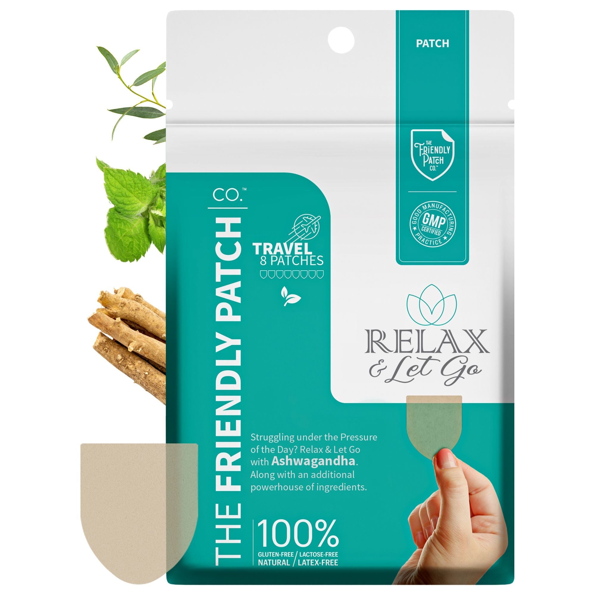 Set of eight Zen Relax & Let Go travel patches by Friendly Patch Co, wearable skin supplements for stress relief and calm.