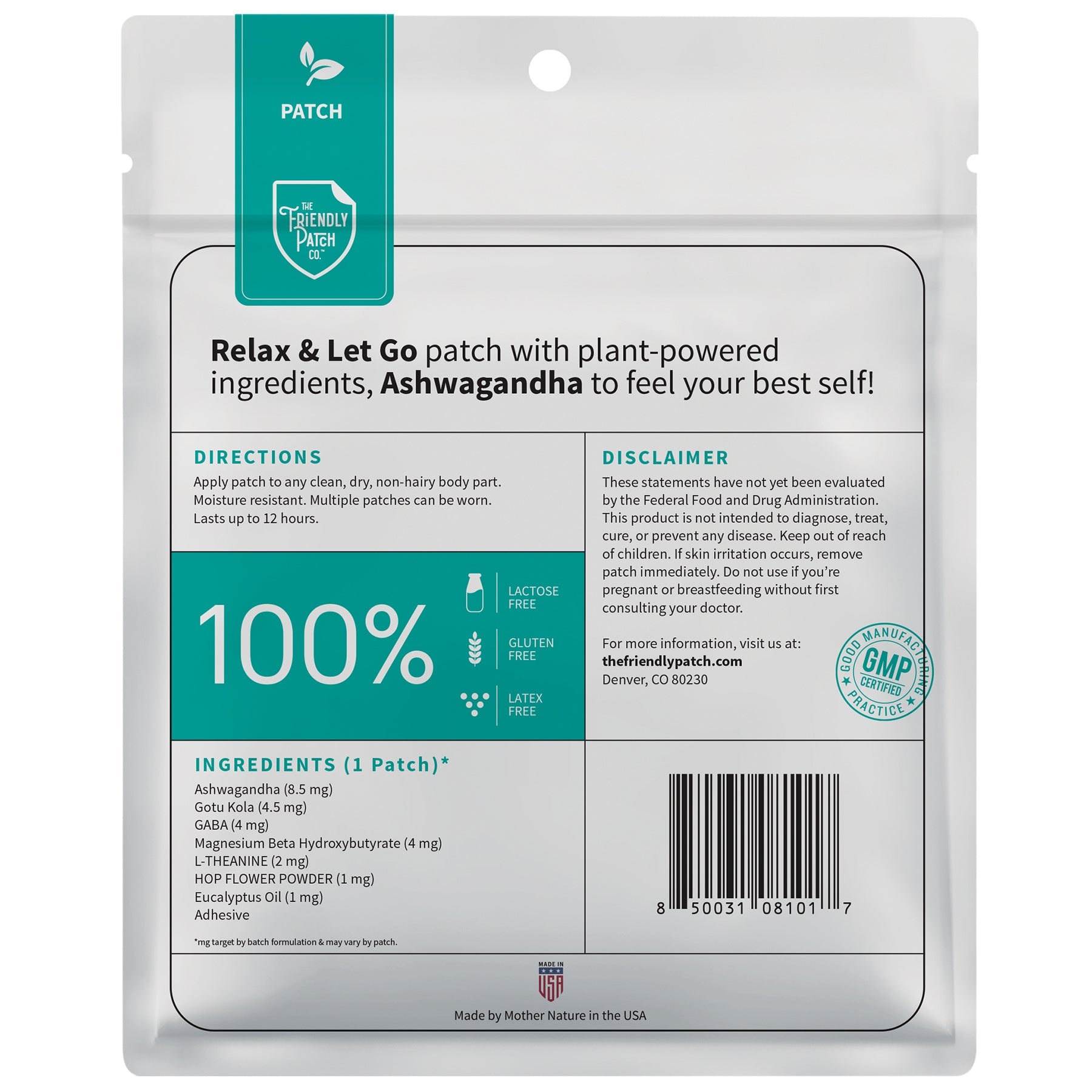 Relax & Let Go Zen stress patches by Friendly Patch Co, showing 28 wearable skin patches with herbal ingredients on skin.