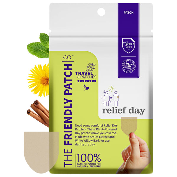 Eight Friendly Patch Co Relief Day Pain Patches with arnica and willow bark for targeted day pain relief in a blister pack.