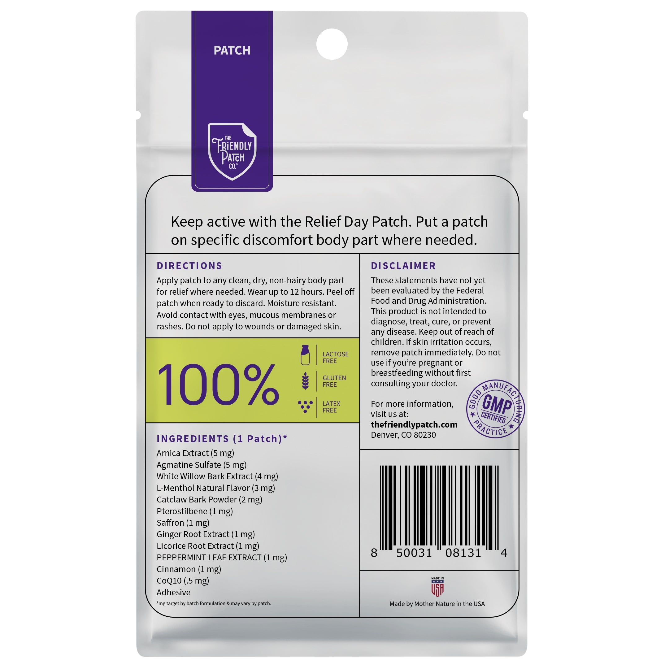Relief Day Pain Patches by Friendly Patch Co featuring arnica and willow bark, shown in an 8-pack for daytime pain relief.