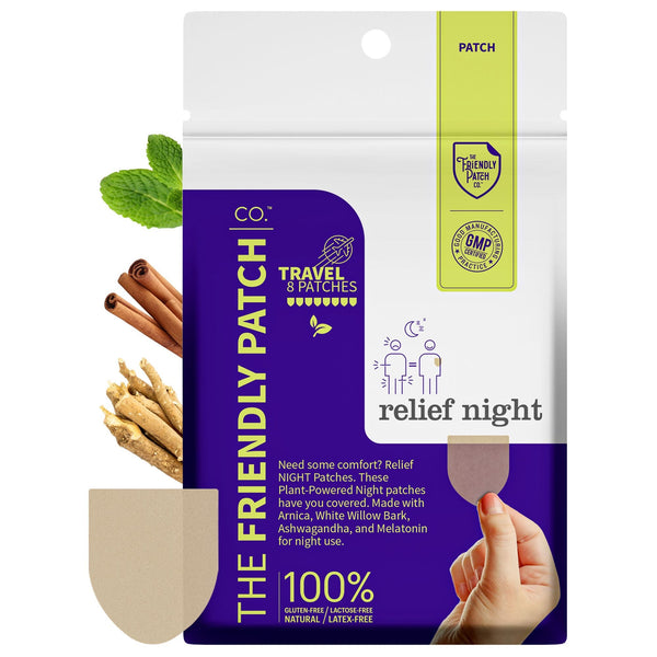 Friendly Patch Co night pain relief patch, plant-based topical patch designed for evening wellness and comfort during sleep.