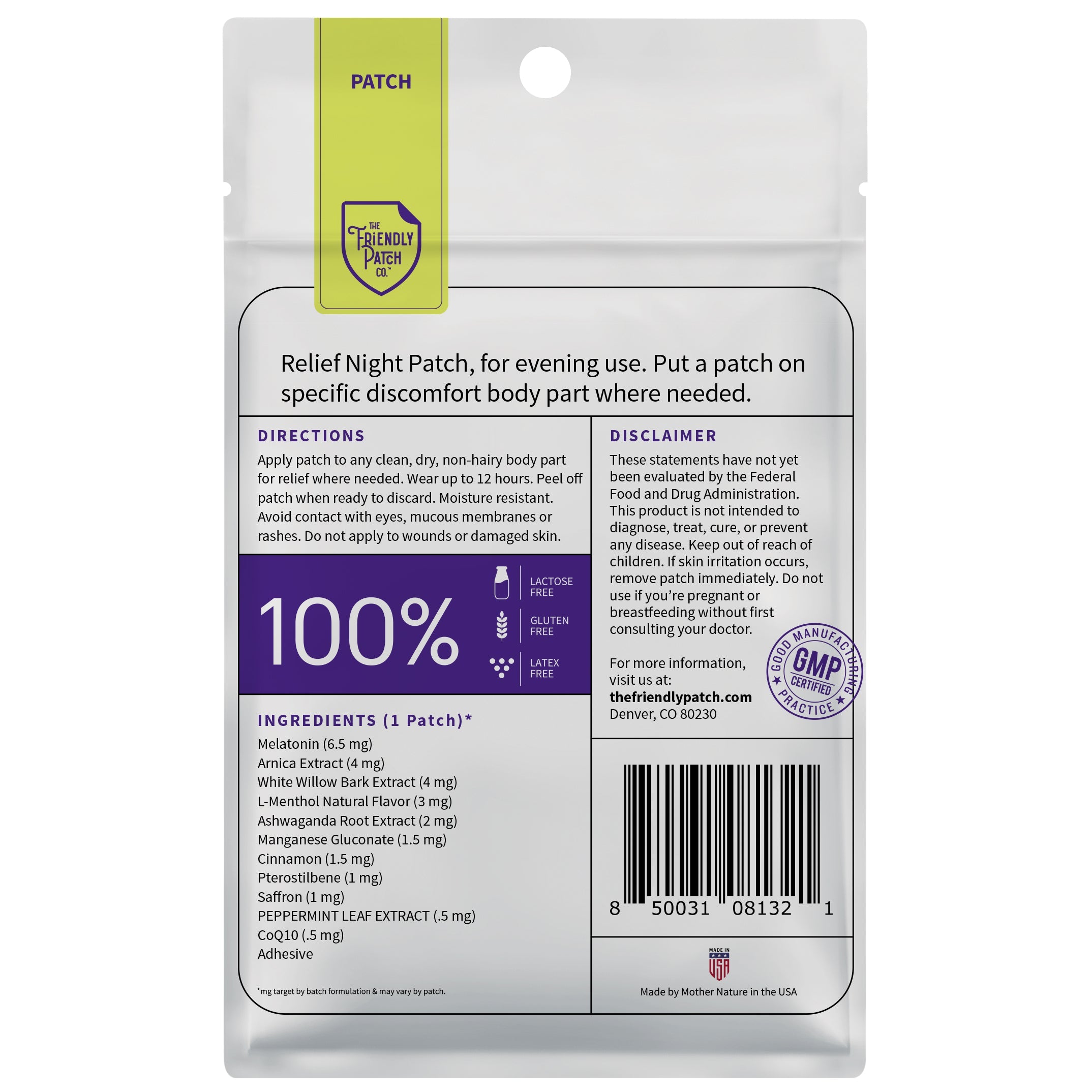 Friendly Patch Co night pain relief patch shown on back, a plant-based topical patch designed for nighttime wellness and comfort.