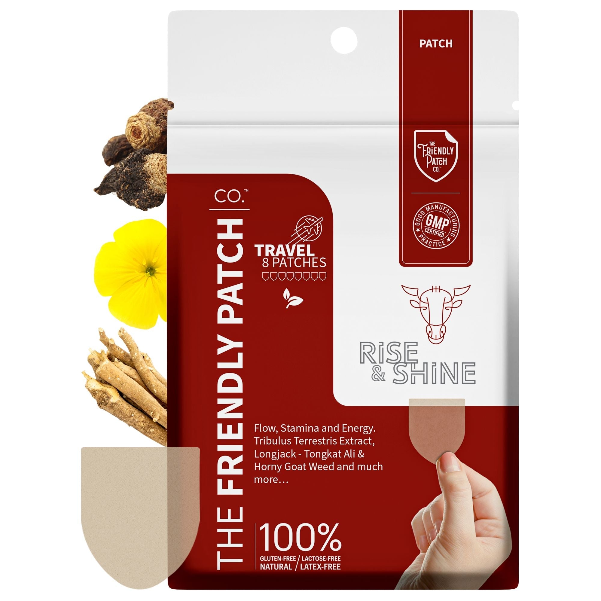 Eight Rise & Shine Patches by Friendly Patch Co featuring Tongkat Ali and Black Maca for energy, stamina, and improved flow.