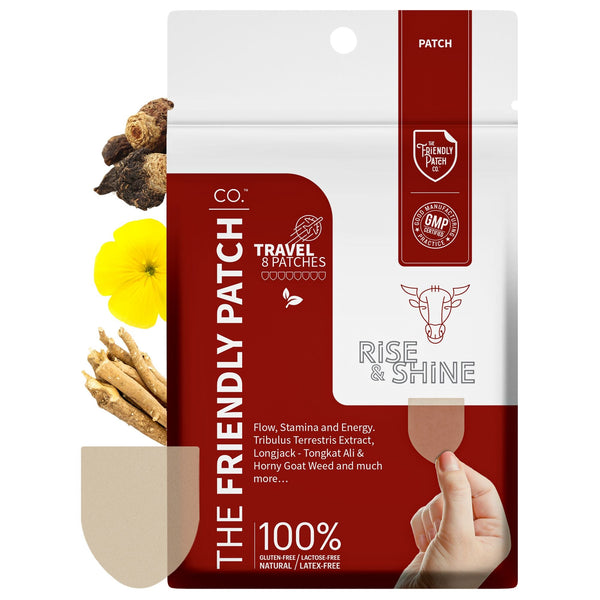 Eight Rise & Shine Patches by Friendly Patch Co featuring Tongkat Ali and Black Maca for energy, stamina, and improved flow.