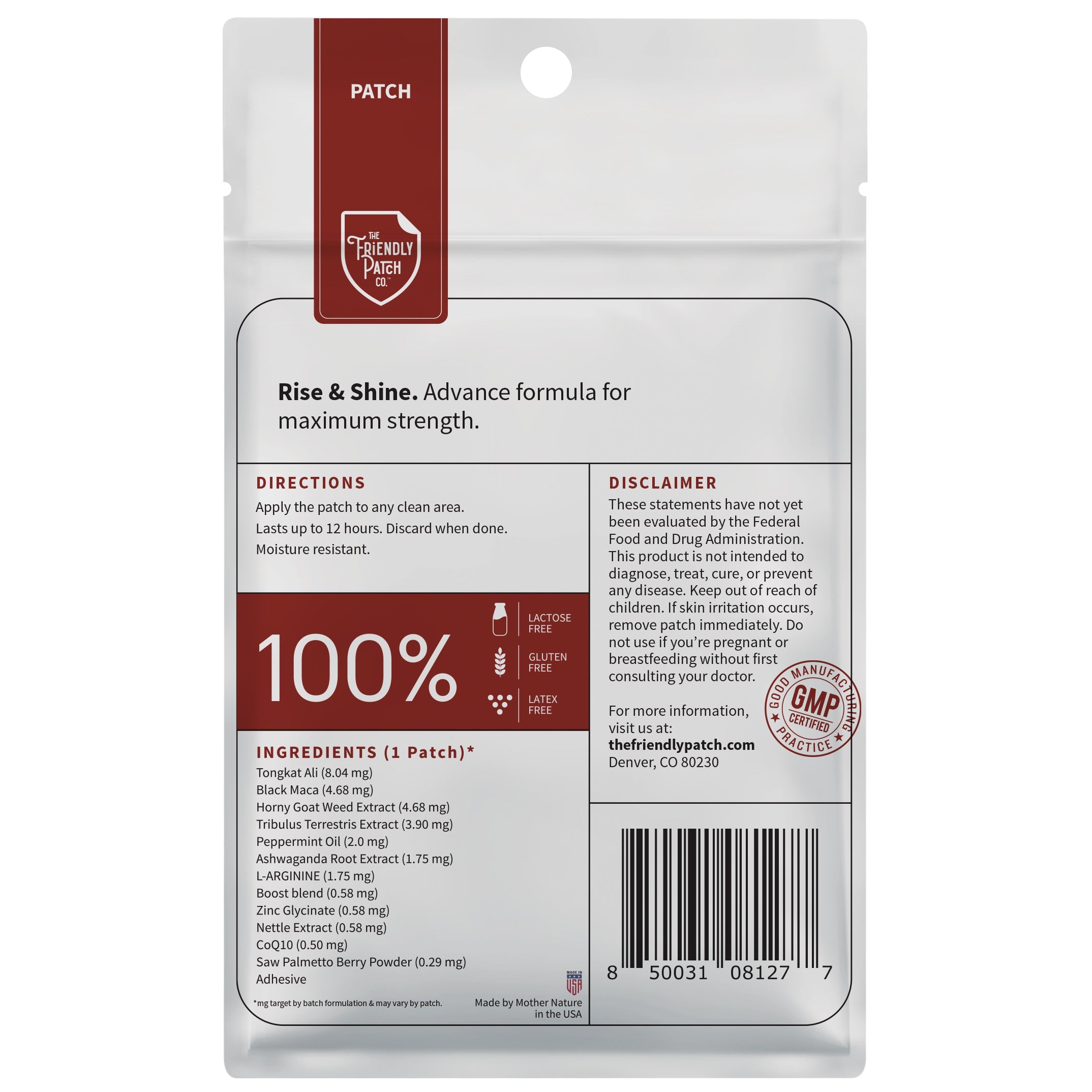 Rise & Shine Patches by Friendly Patch Co featuring Tongkat Ali and Black Maca for energy, stamina, and flow in an 8-pack.