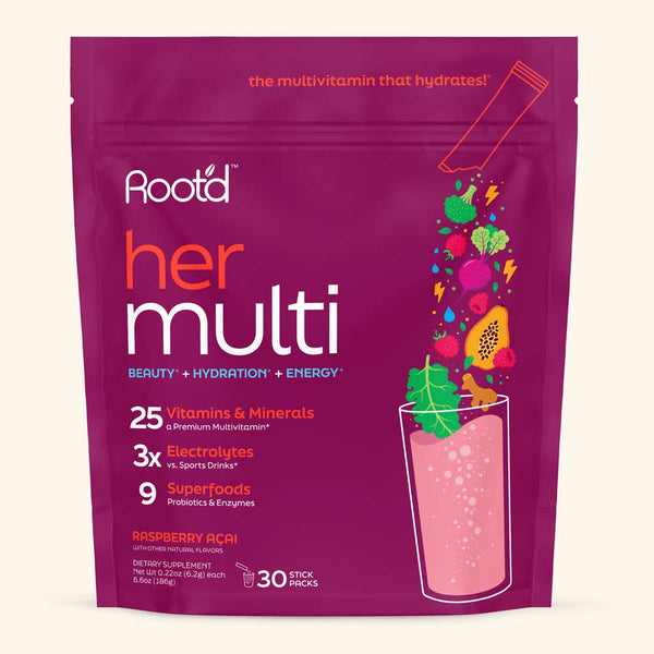 Root'd Advanced Daily Nutrition multivitamin for women in a colorful bag, featuring a variety of capsules and tablets.