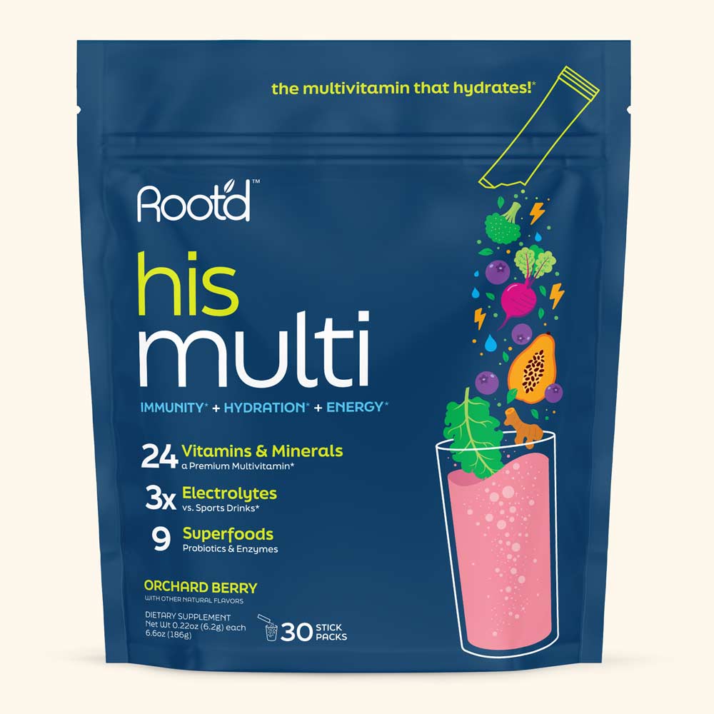 Root'd Advanced Daily Nutrition electrolytes for men, in a multi-bag packaging, designed to support hydration and energy.