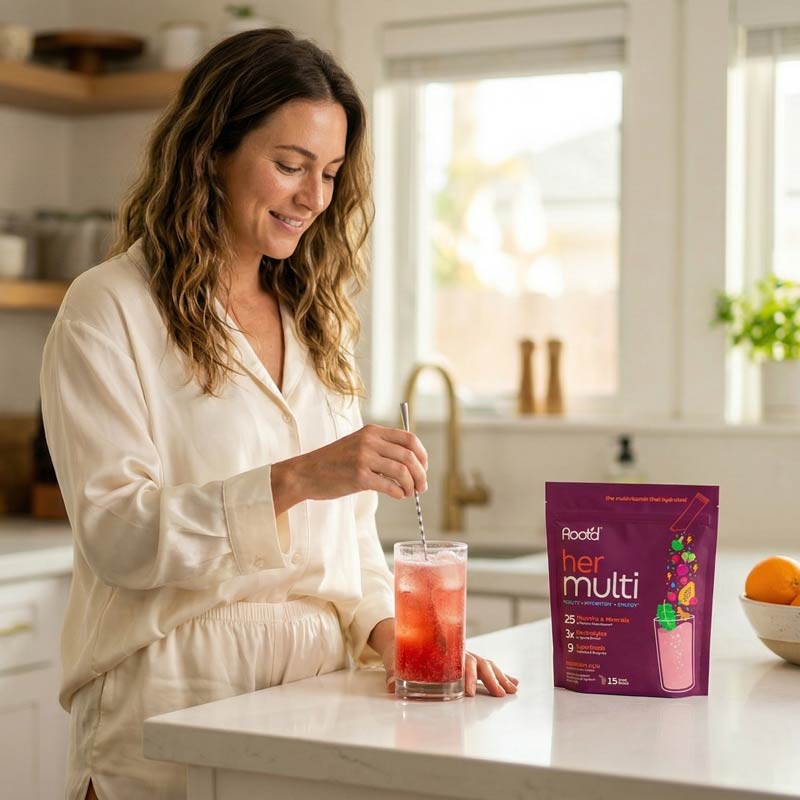Root'd Advanced Daily Nutrition multivitamin for women, featuring colorful capsules and a morning routine setting.