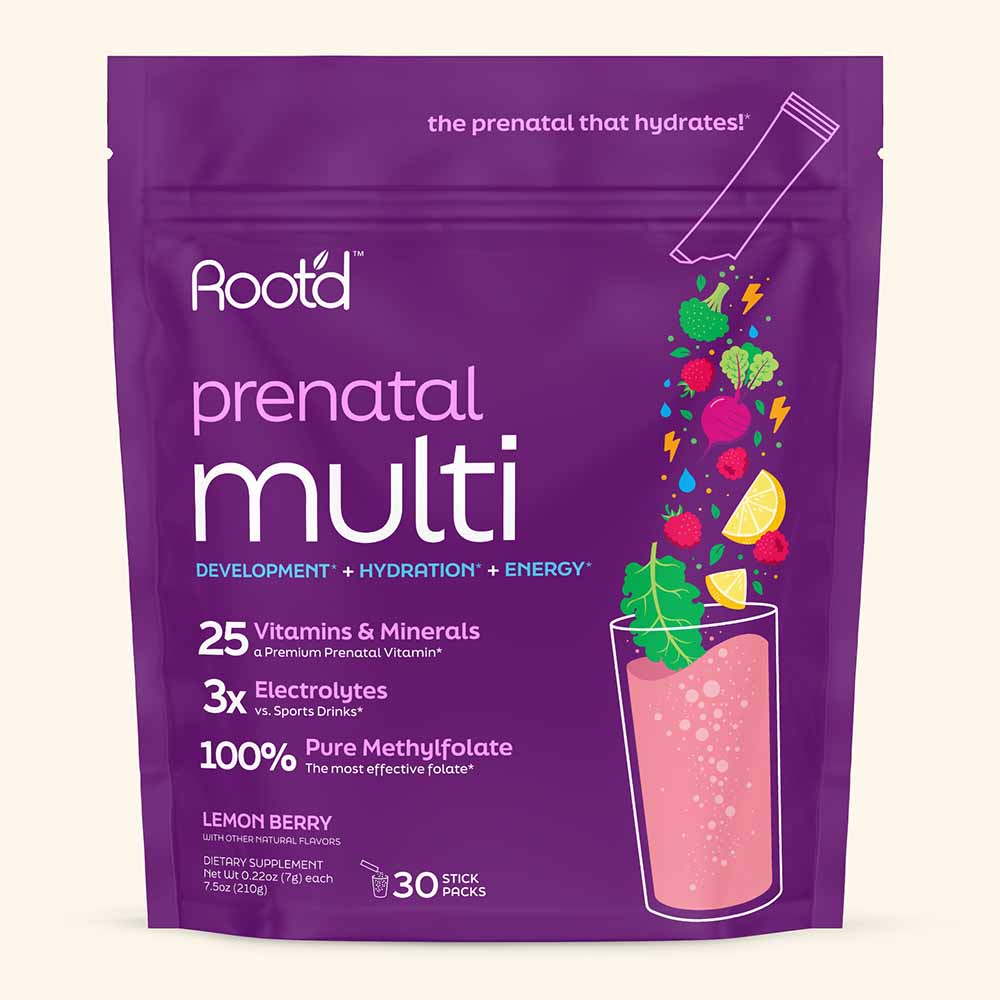 Root'd Essential Prenatal Nutrition and Electrolytes supplement in a multivitamin bag, designed for pregnant women.