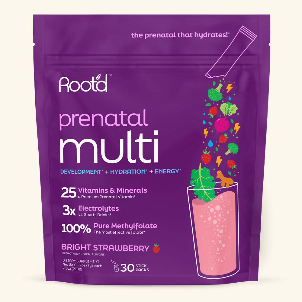 Root'd Essential Prenatal Nutrition and Electrolytes supplement in bright strawberry flavor, shown in a colorful bag.