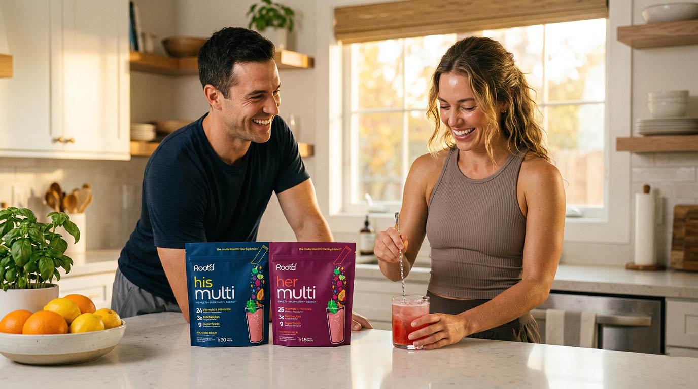Couples' wellness pack by Root'd featuring hydrating multivitamins for her and him, shown in a natural, health-focused setting.