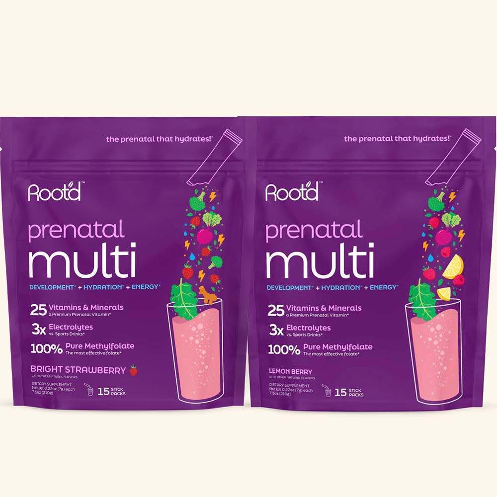 Root'd Essential Prenatal Nutrition and Electrolytes drink in bright strawberry lemon berry flavor, featuring a colorful bottle with fresh fruit.