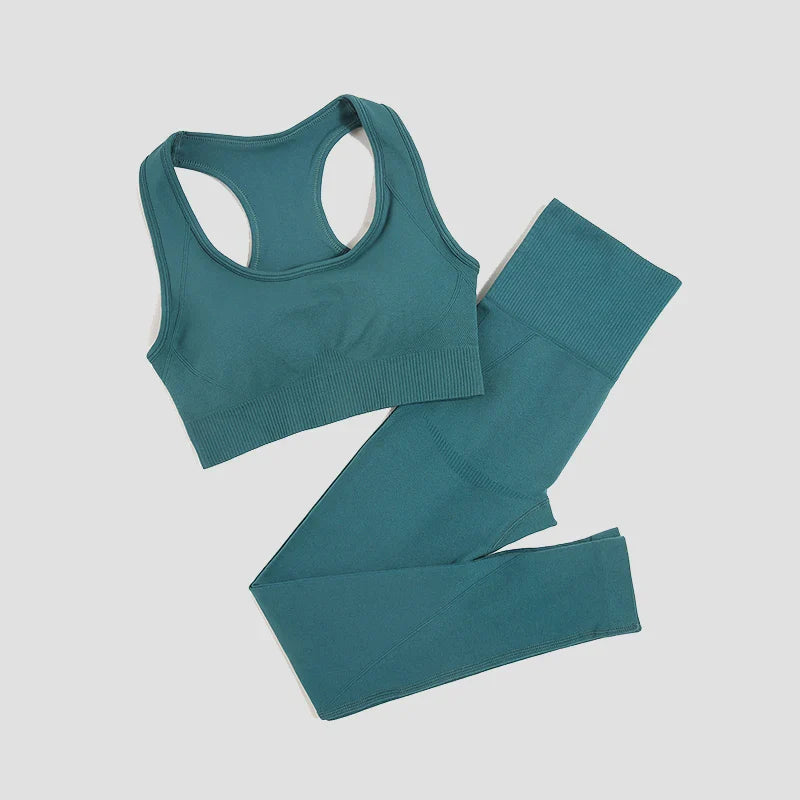 Seamless women's yoga set by THRIXINE, two-piece activewear with matching sports bra and high-waisted leggings for fitness and comfort.