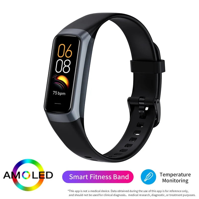 ARBA Global smartwatch displaying heart rate and body temperature, waterproof fitness tracker for men and women with sports features.