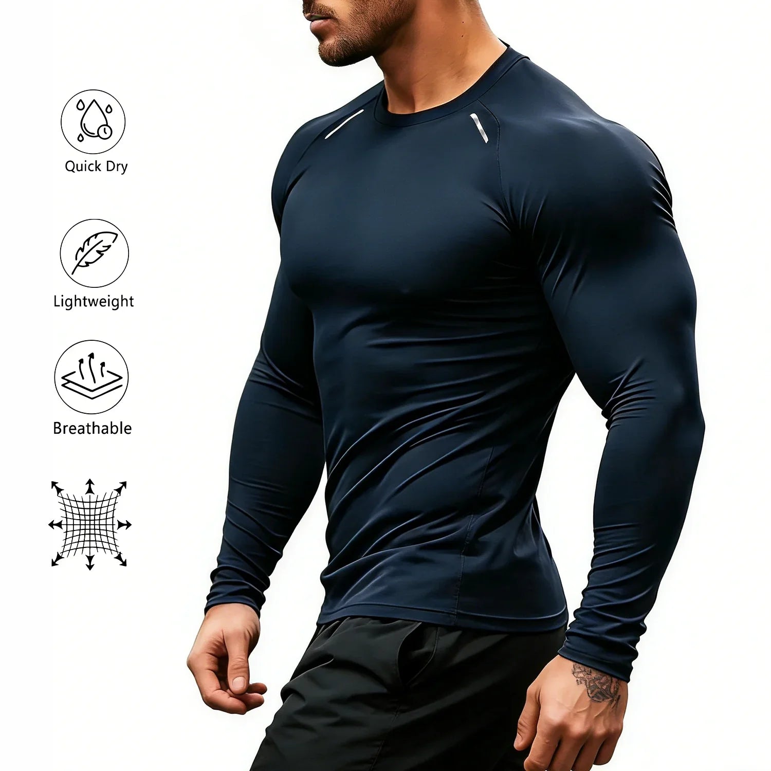Men's compression long sleeve gym shirt by THRIXINE, fitted athletic top with moisture-wicking fabric for workout performance.