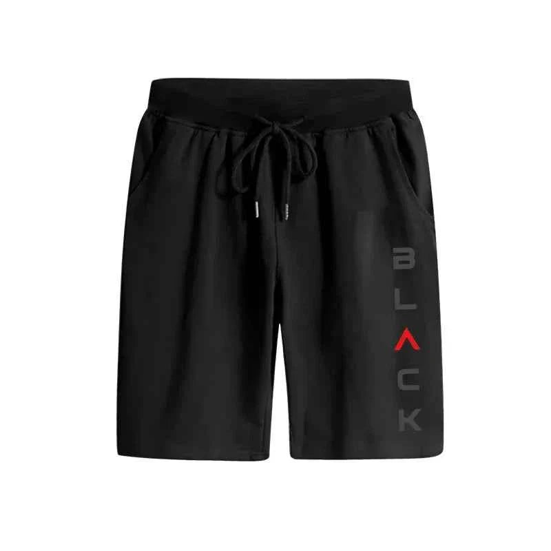 Men's black letter print summer short set by THRIXINE, featuring a casual short-sleeve shirt and matching shorts, perfect for warm weather.
